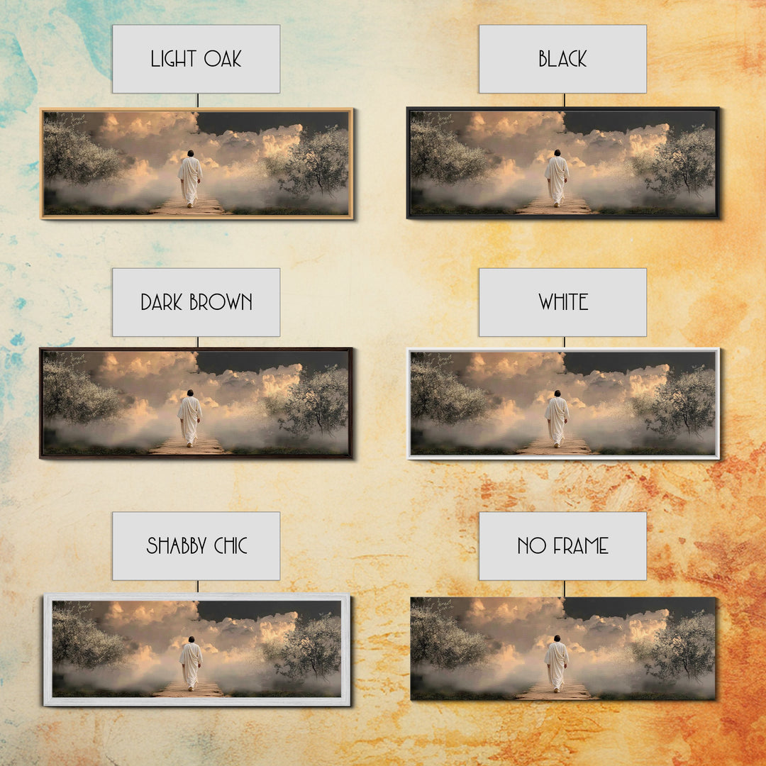 Heavenly Dawn Walk, Framed Canvas Print, Christian Wall Art, Christian Art Canvas, Panoramic Wall Art, Jesus Painting, Christmas Art