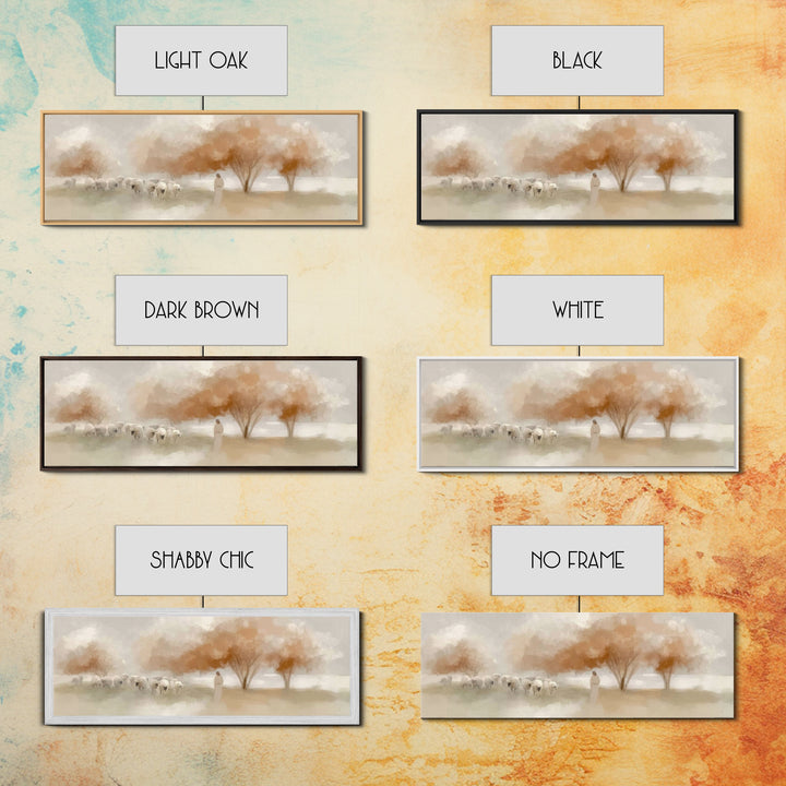The Peaceful Shepherd, Framed Canvas Print, Christian Wall Art, Jesus Painting, Panoramic Art, Christian Art Canvas, Christmas Art