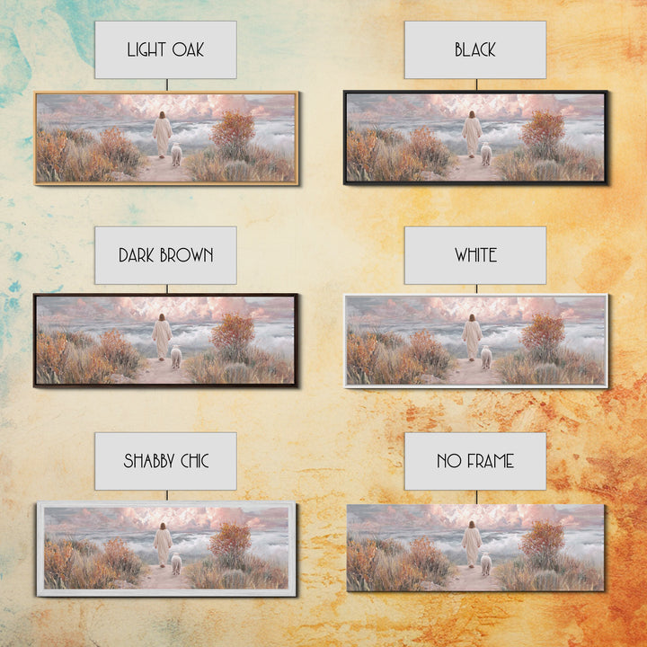 Golden Horizon Walk | Framed Canvas Print | Panoramic Frame | Christian Wall Art | Jesus Painting | Christian Art Canvas | Christmas Art