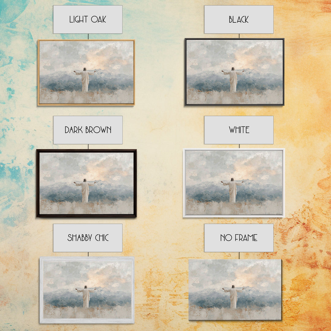 Mountain Dawn Savior – Framed Canvas Print – Christian Wall Art – Subtle Christian Art – Jesus Painting – Christian Art Canvas – Christian