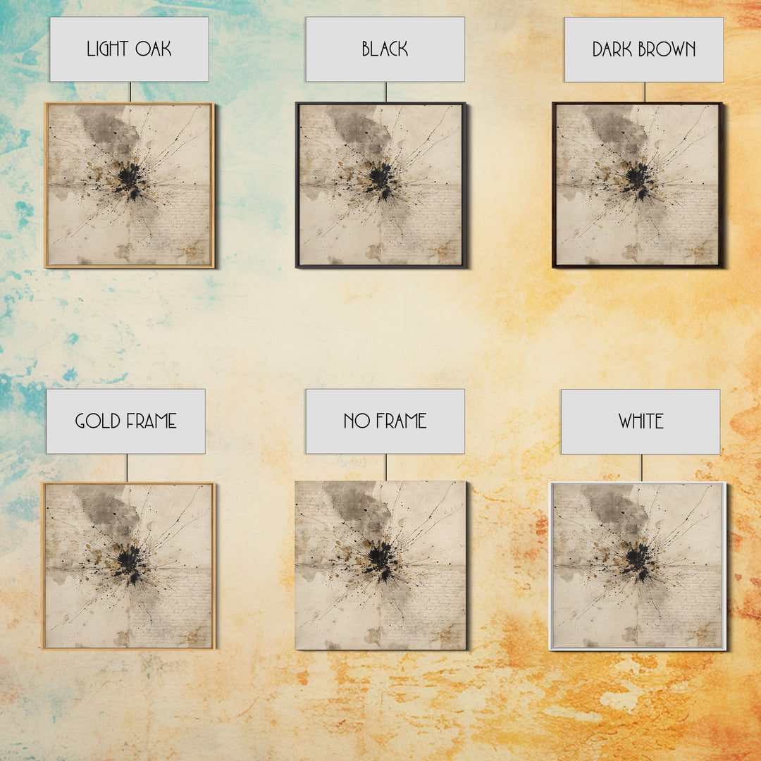 Ink Splatter and Long Brushstroke Composition Framed Canvas Print, Calligraphy Art, Art Print, Living Room Decor, Script, CAL-1x1-40
