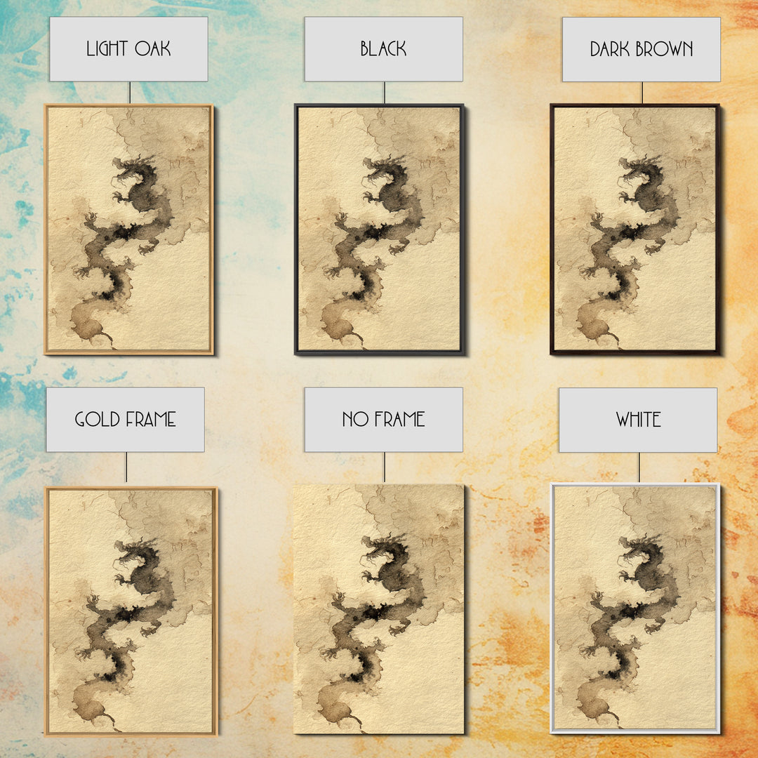 Ink Wash Dragon Curve Framed Canvas Print, Calligraphy Art, Painting, Living Room Decor, Fine Art, Script, Japanese Art, CAL-2x3-17