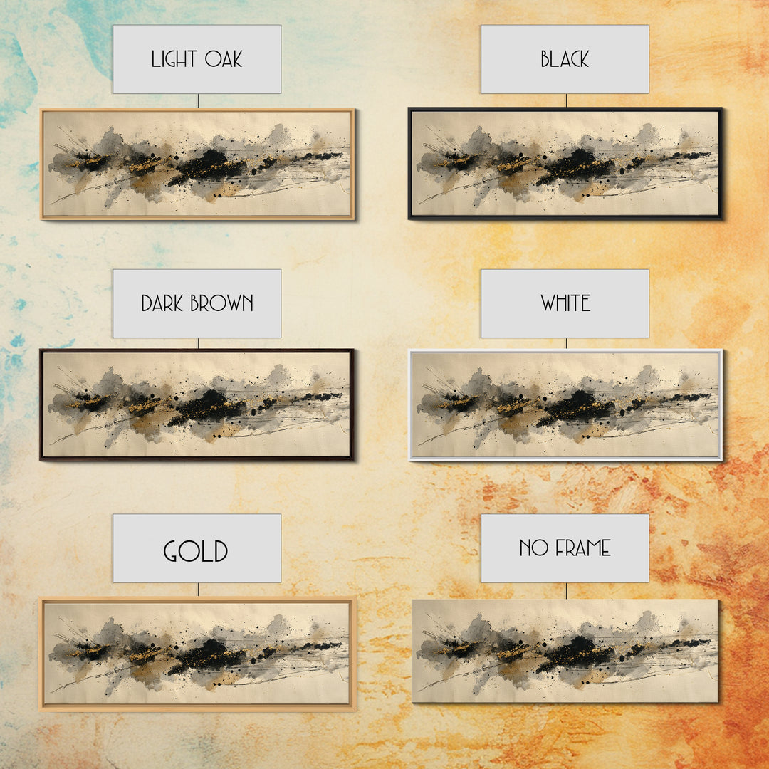 Ink Splatter and Long Brushstroke Composition Canvas Print, Calligraphy Art, Textured Painting, Living Room Decor, Script, CAL-3x1-56