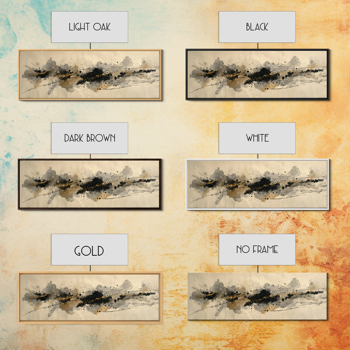 Ink Splatter and Long Brushstroke Composition Canvas Print, Calligraphy Art, Textured Painting, Living Room Decor, Script, CAL-3x1-56