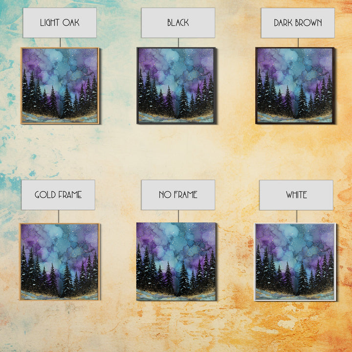 Aurora Borealis over Snowy Pines Framed Canvas Print, Celestial Art, Art Nouveau Decor, Living Room Decor, Fine Art, Celestial, CEL-1x1-41
