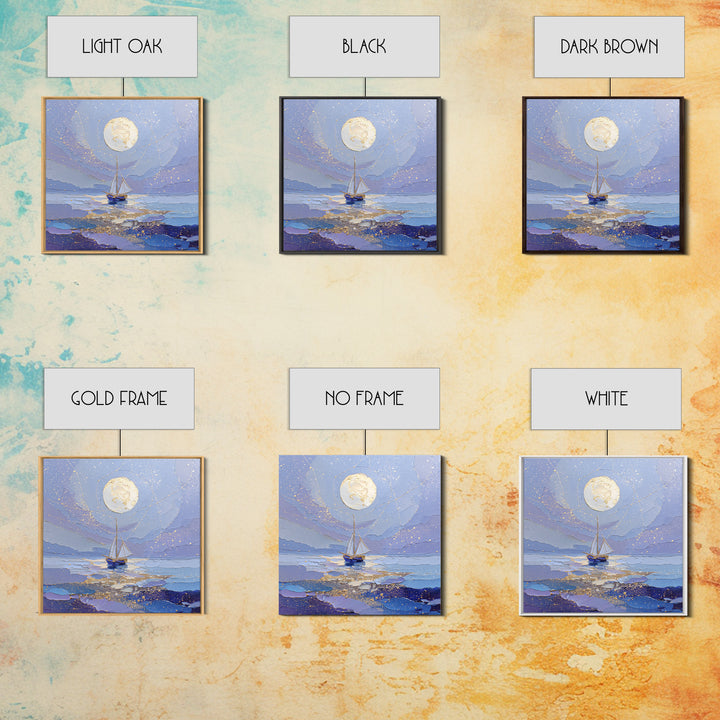 Tiny Sailboat Beneath a Huge Moon Framed Canvas Print, Celestial Art, Modern Art, Living Room Decor, Oil Painting, Celestial, CEL-1x1-43