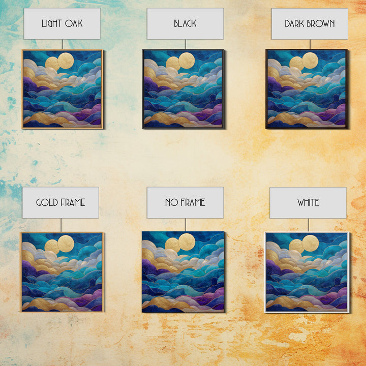 Golden Sun over Abstract Ocean Waves Framed Canvas Print, Celestial Art, Collage Art, Living Room Decor, Fine Art, Celestial, CEL-1x1-71