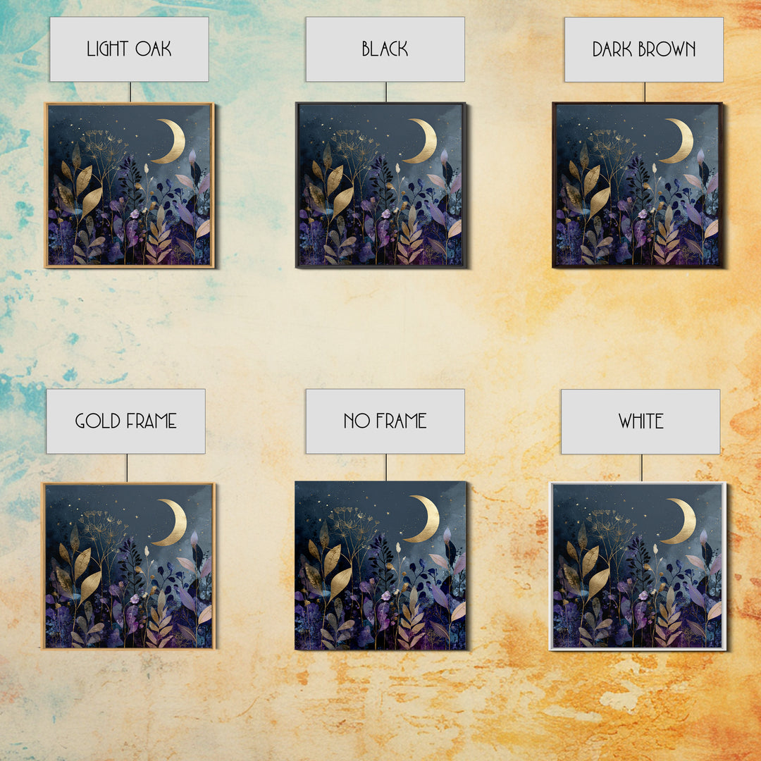 Lunar Phase Arc Above Delicate Botanicals Canvas Print, Celestial Art, Collage Art, Living Room Decor, Watercolor Art, CEL-1x1-76