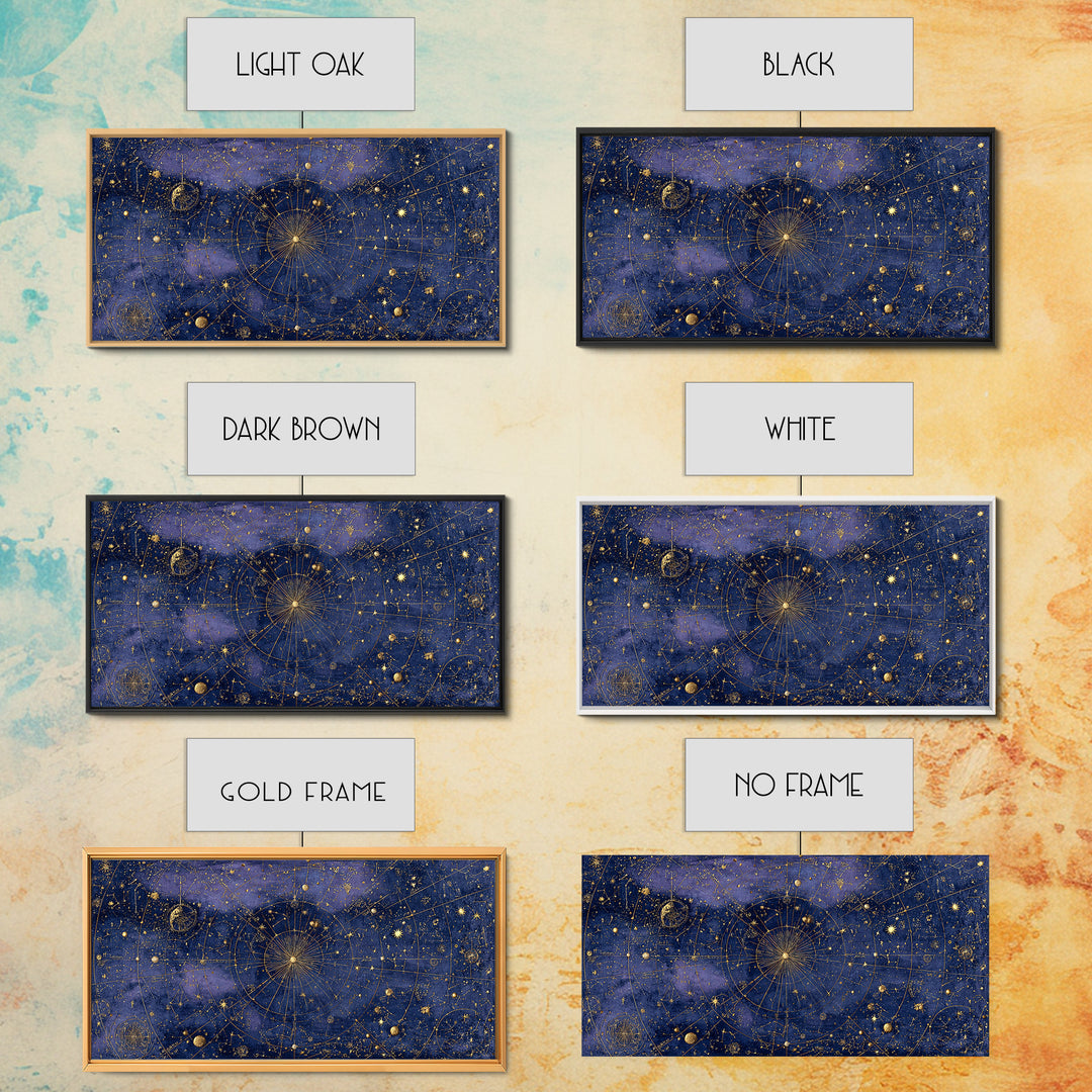 Gold Constellation Map on Deep Navy Texture Framed Canvas Print, Celestial Art, Whimsical Art, Living Room Decor, Celestial, CEL-2x1-100