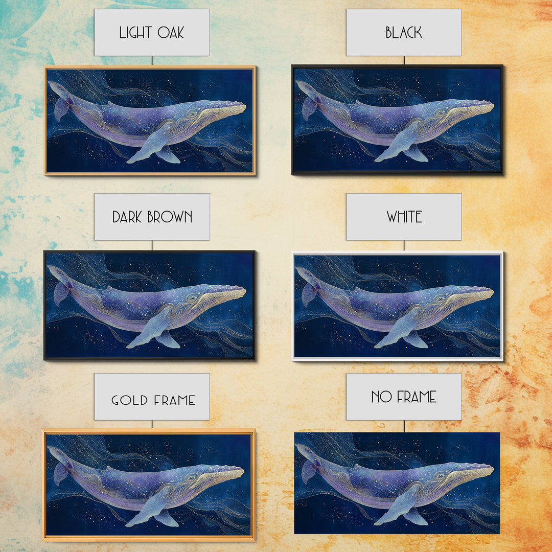 Cosmic Whale Swimming Through a Star Field Framed Canvas Print, Celestial Art, Digital Print, Living Room Decor, Celestial, CEL-2x1-97