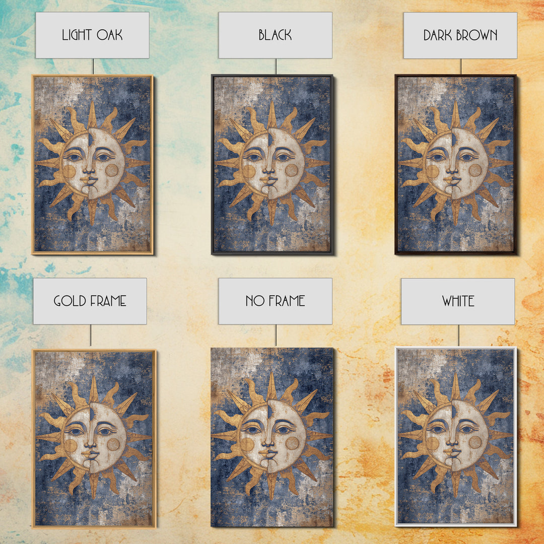 Sun and Moon Faces Framed Canvas Print, Celestial Art, Luxury Decor, Living Room Decor, Oil Painting, Celestial, Digital Print, CEL-2x3-34