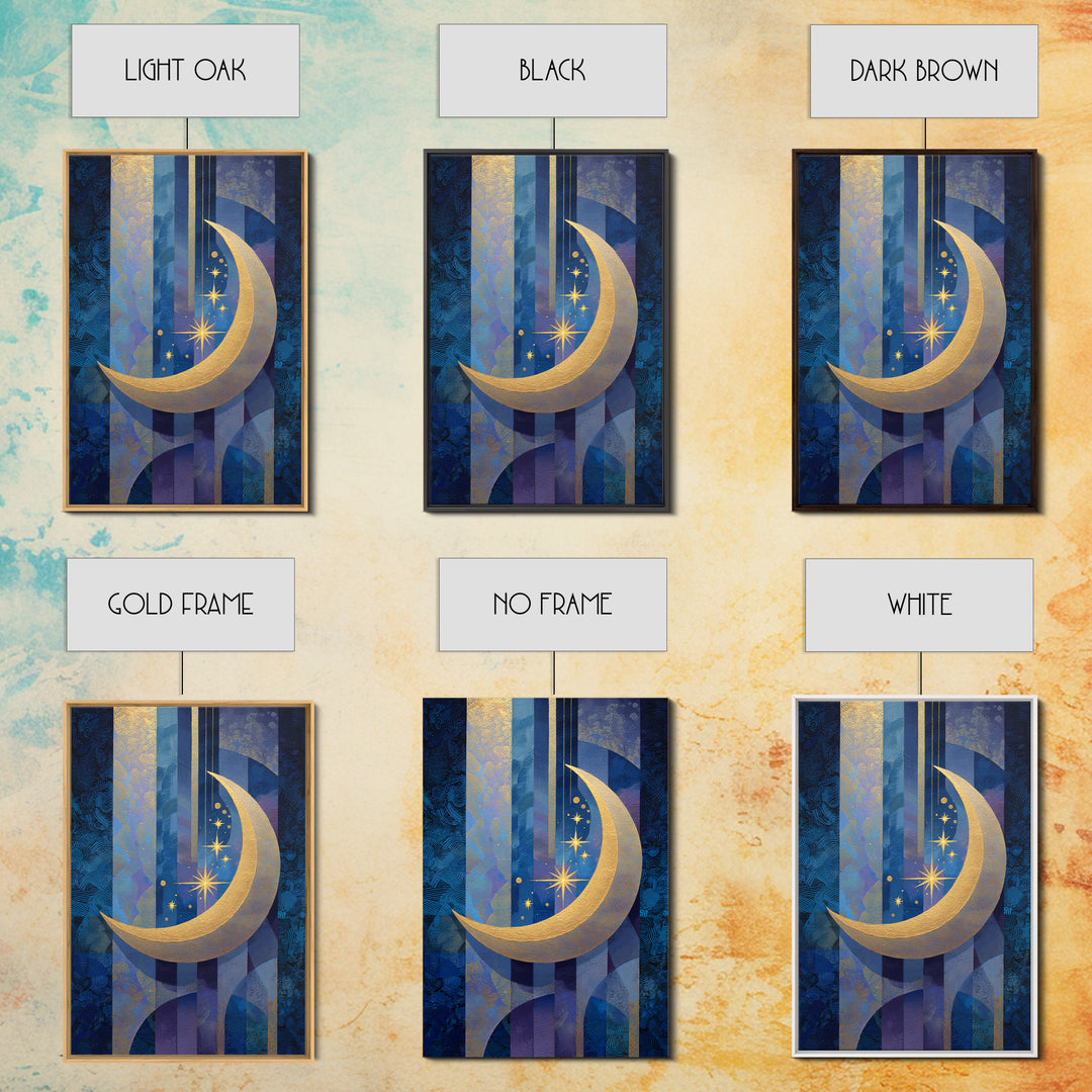 Crescent Moon Cradling a Cluster of Stars Canvas Print, Celestial Art, Living Room Decor, Oil Painting, Celestial, CEL-2x3-57