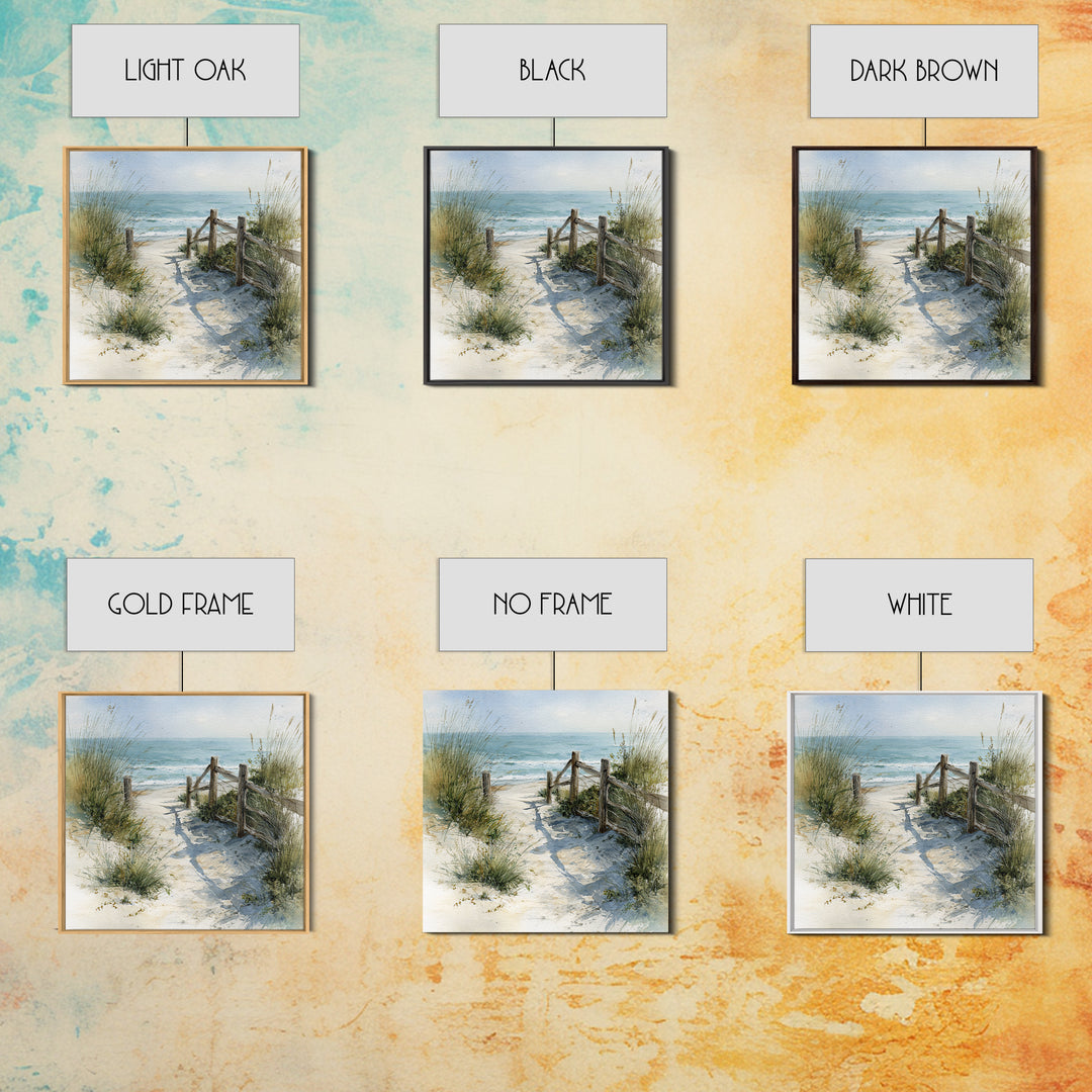 Soft Watercolor Dune Fence Scene Framed Canvas Print, Coastal Art, Textured Painting, Coastal Decor, Fine Art, Coastal, COA-1x1-88