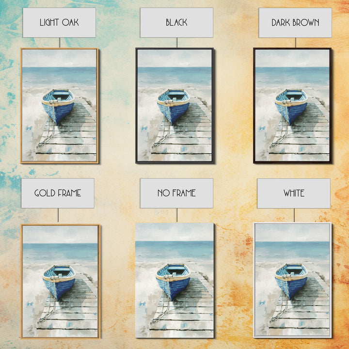 Small Rowboat Tied to a Wooden Dock Framed Canvas Print, Coastal Art, Room Decor, Coastal Decor, Oil Painting, Coastal, COA-2x3-51