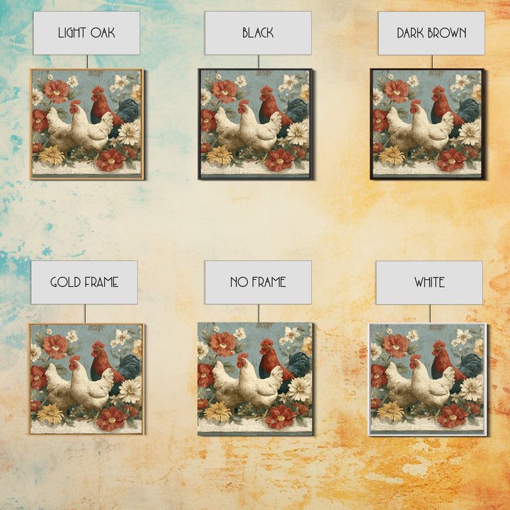 Chickens Pecking Near Garden Flowers Canvas Print, Country Art, Digital Art Prints, Farmhouse Decor, Fine Art, Country, COU-1x1-14