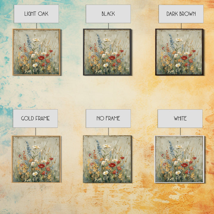 Wildflower Meadow Beside an Old Fence Framed Canvas Print, Country Art, Watercolor Painting, Farmhouse Decor, Oil Painting, COU-1x1-2