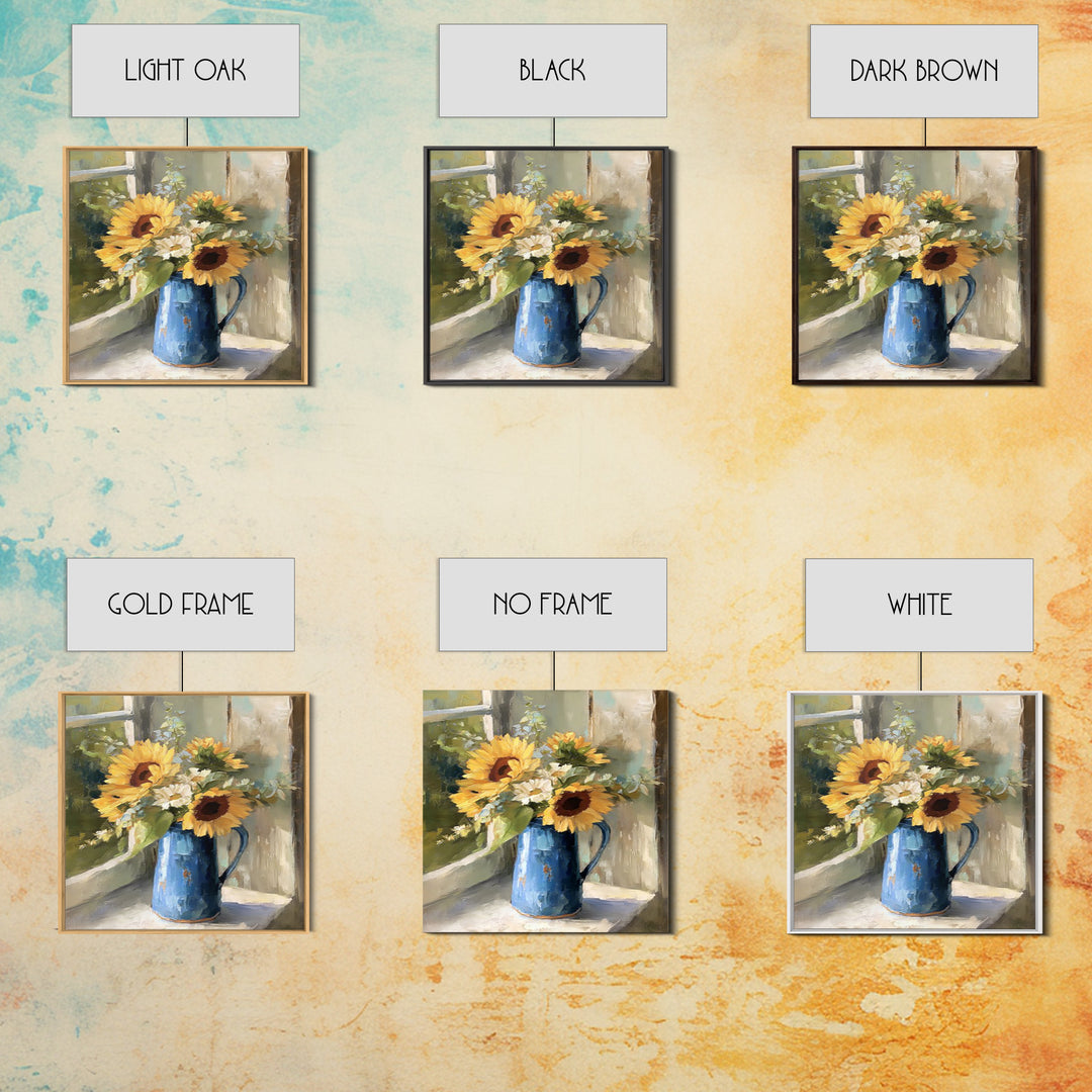 Sunflowers in a Blue Enamel Pitcher Framed Canvas Print, Country Art, Gallery Decor, Farmhouse Decor, Fine Art, Country, COU-1x1-32