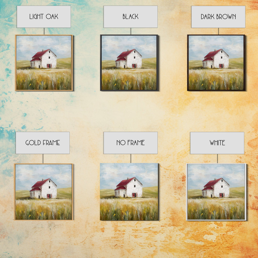 White Farmhouse Surrounded by Tall Grass Framed Canvas Print, Country Art, French Country, Farmhouse Decor, Watercolor Art, COU-1x1-34