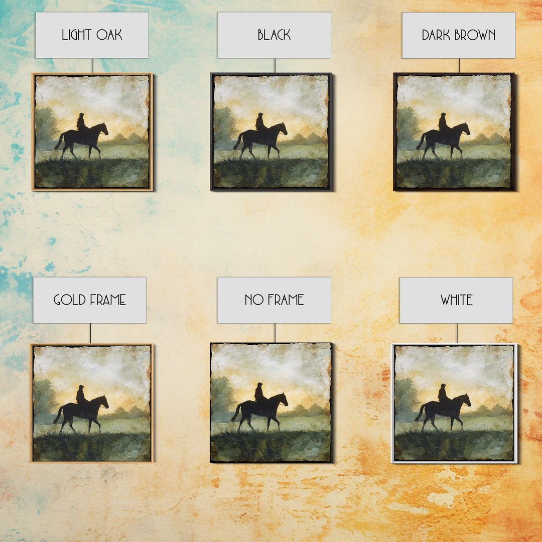 Horse and Rider Silhouette at Dusk Framed Canvas Print, Country Art, Gallery Decor, Farmhouse Decor, Fine Art, Country, COU-1x1-41