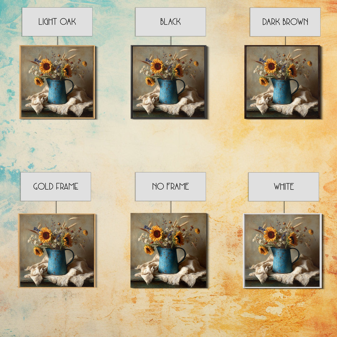 Sunflowers in a Blue Enamel Pitcher Framed Canvas Print, Country Art, Digital Wall Art, Farmhouse Decor, Fine Art, Country, COU-1x1-56