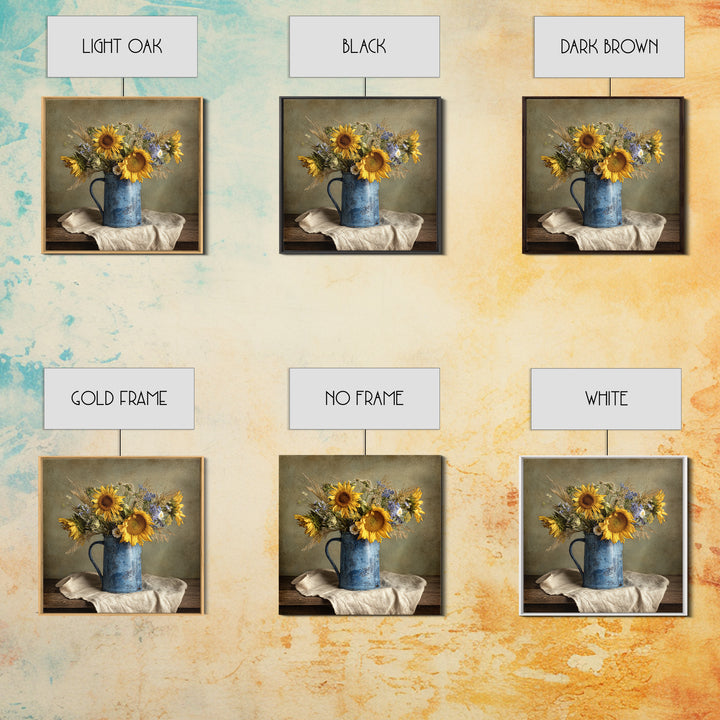 Sunflowers in a Blue Enamel Pitcher Framed Canvas Print, Country Art, Original Painting, Farmhouse Decor, Oil Painting, Country, COU-1x1-8