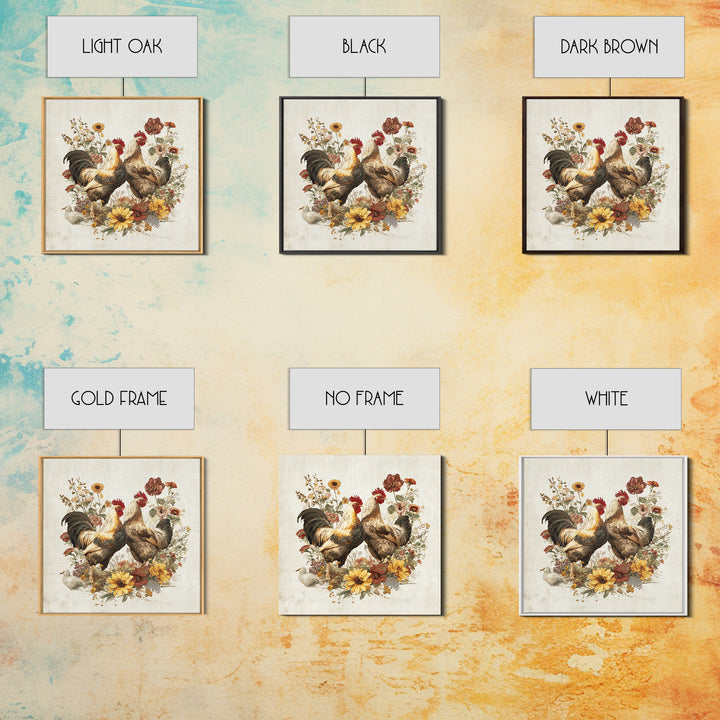 Chickens Pecking Near Garden Flowers Canvas Print, Country Art, Neutral Decor, Farmhouse Decor, Oil Painting, Country, COU-1x1-86