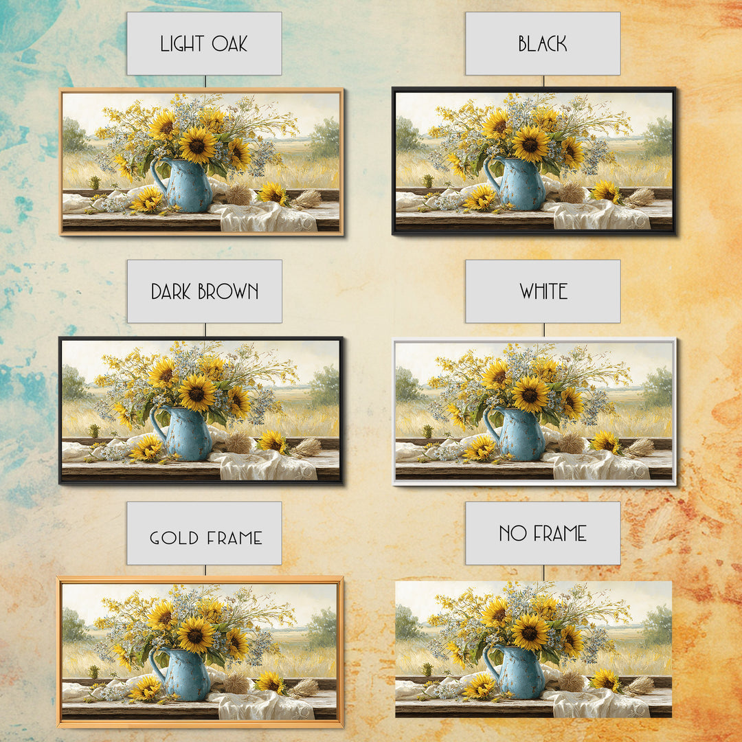 Sunflowers in a Blue Enamel Pitcher Canvas Print, Country Art, Boho Decor, Farmhouse Decor, Oil Painting, Country, Art Prints, COU-2x1-4