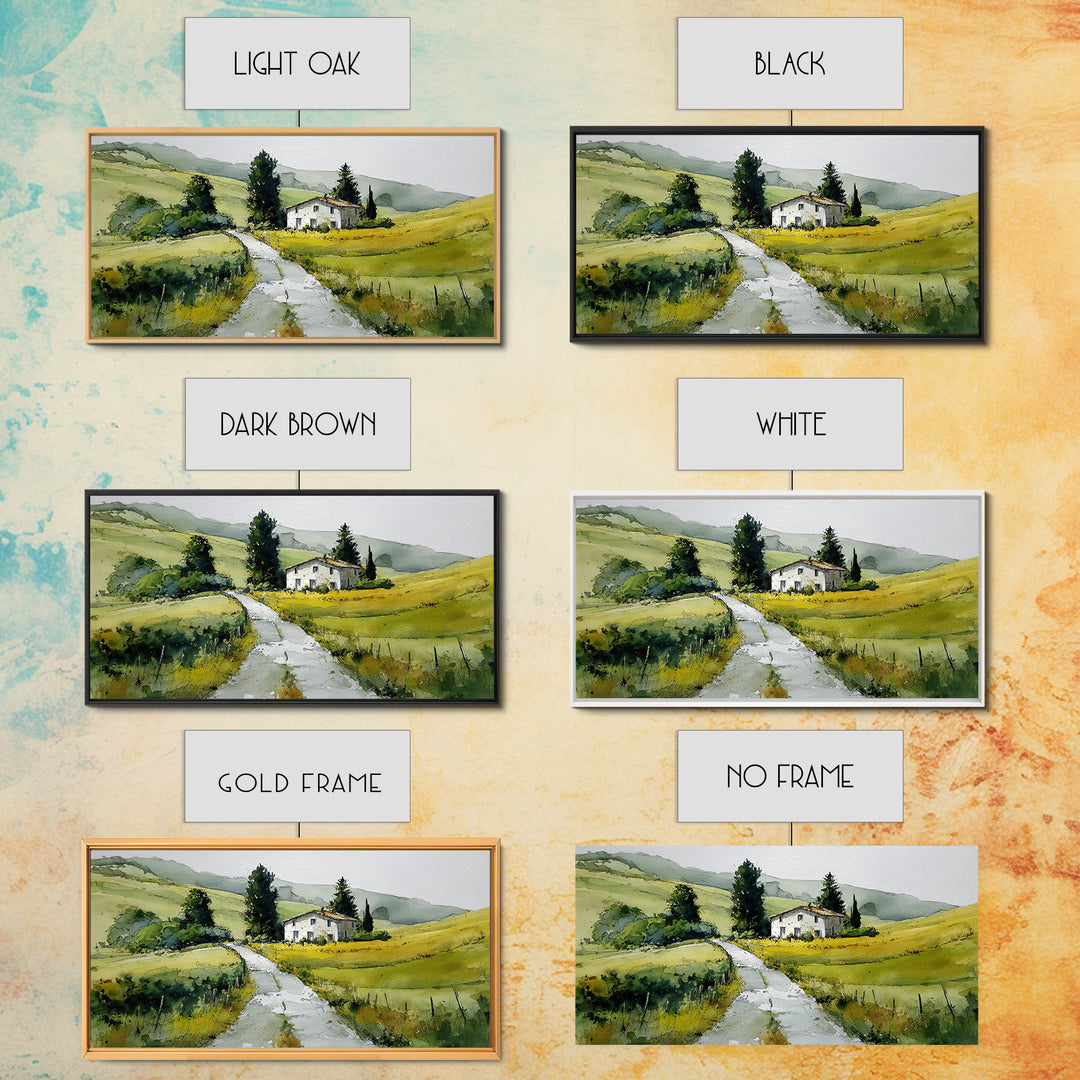 Country Road Disappearing into Green Hills Framed Canvas Print, Country Art, Farmhouse Decor, Watercolor Art, Country, COU-2x1-51