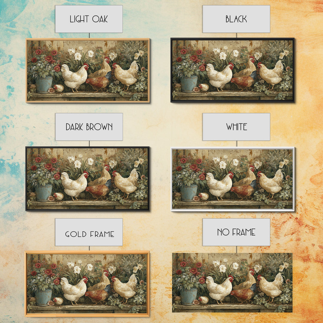 Chickens Pecking Near Garden Flowers Canvas Print, Country Art, Wall Art, Farmhouse Decor, Watercolor Art, Country, COU-2x1-58