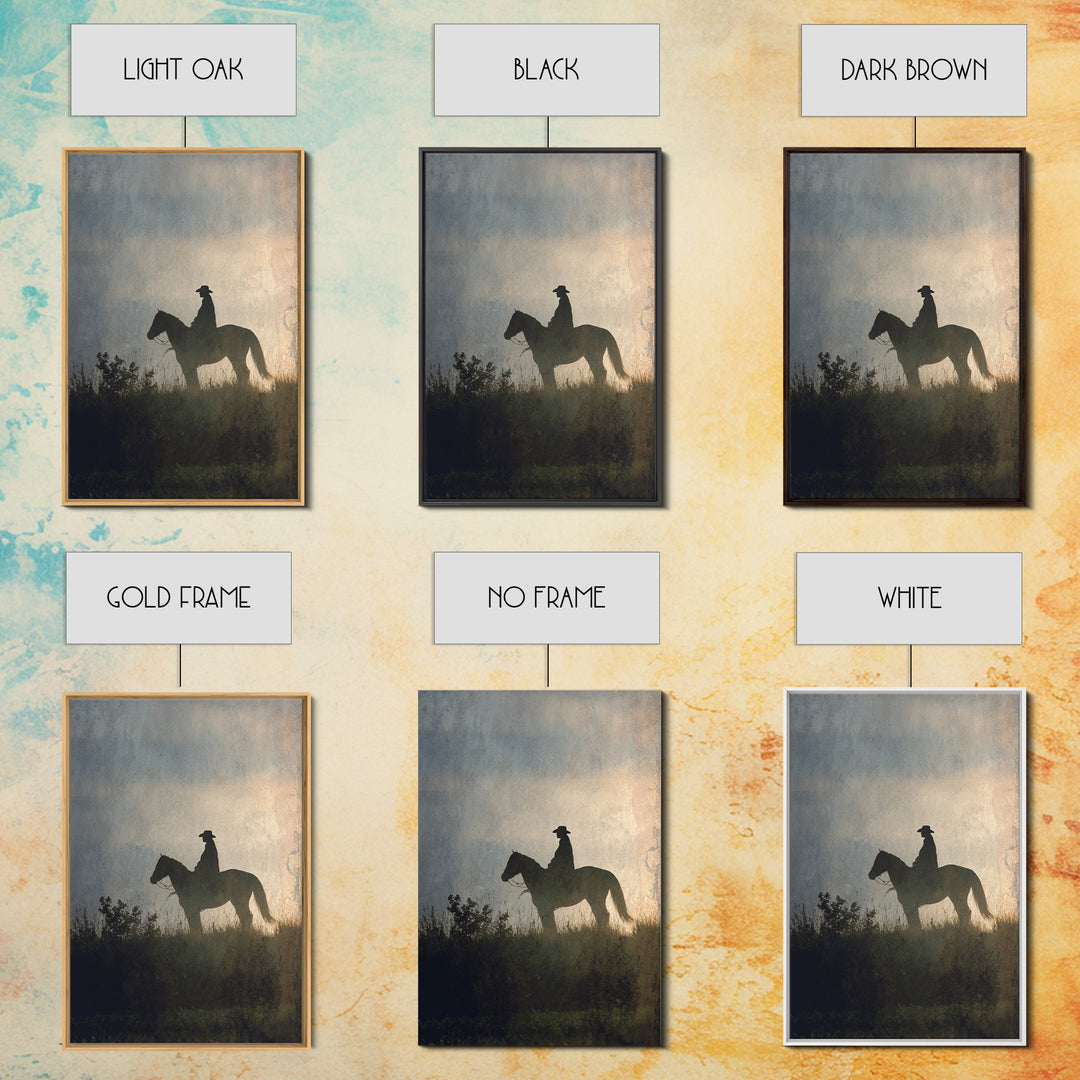 Horse and Rider Silhouette at Dusk Framed Canvas Print, Country Art, Wall Art, Farmhouse Decor, Fine Art, Country, COU-2x3-1