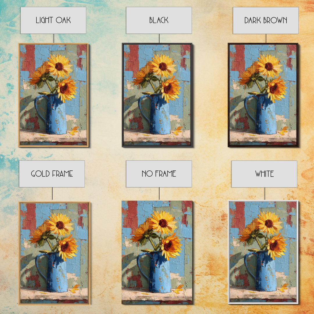 Sunflowers in a Blue Enamel Pitcher Canvas Print, Country Art, Floral Wall Art, Farmhouse Decor, Country, Fine Art Print, COU-2x3-16