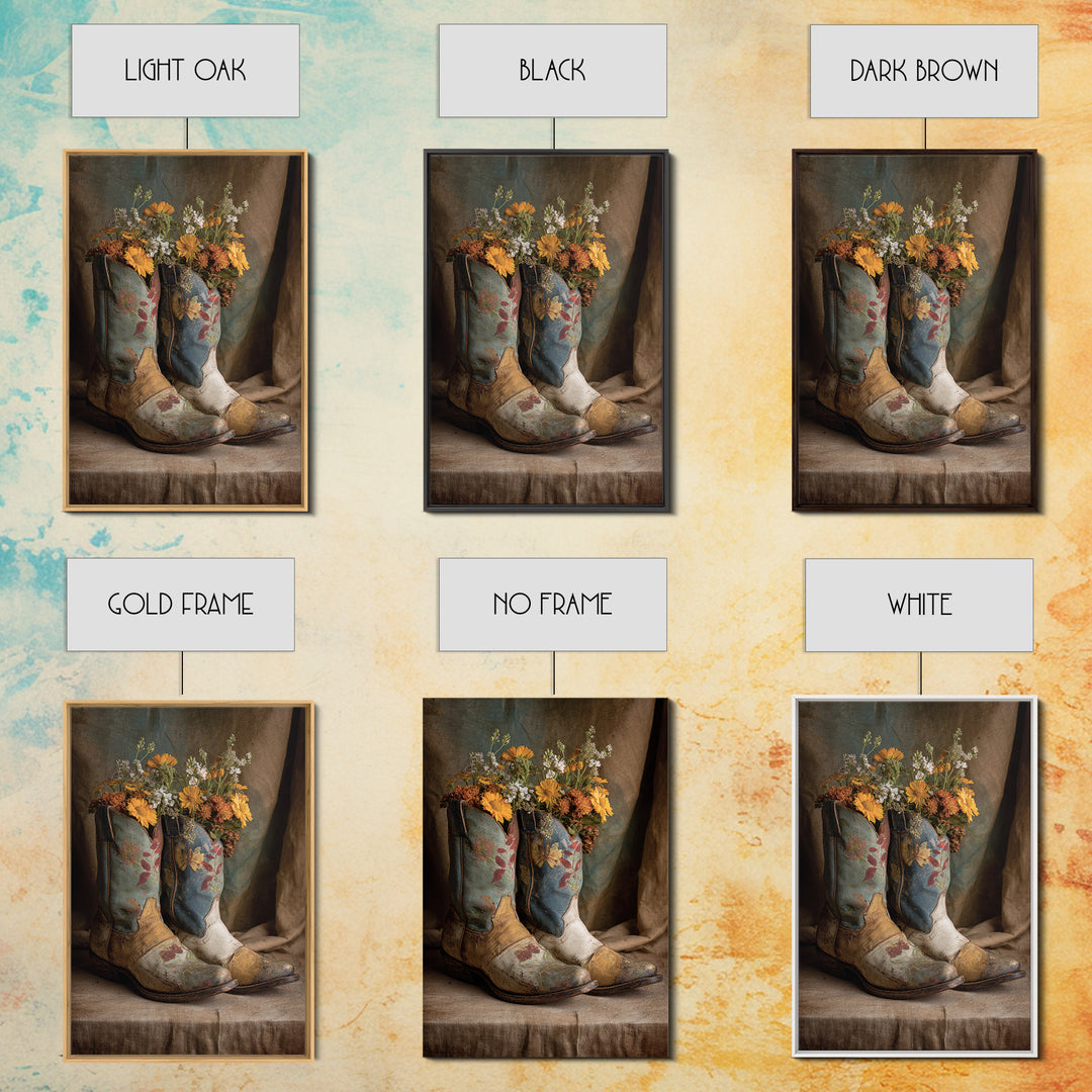 Weathered Boots with Wildflowers Tucked Inside Canvas Print, Country Art, Eclectic Wall Art, Farmhouse Decor, Country, COU-2x3-24