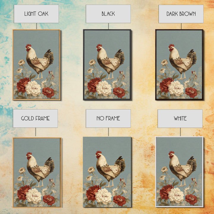 Chickens Pecking Near Garden Flowers Framed Canvas Print, Country Art, Textured Painting, Farmhouse Decor, Fine Art, Country, COU-2x3-46
