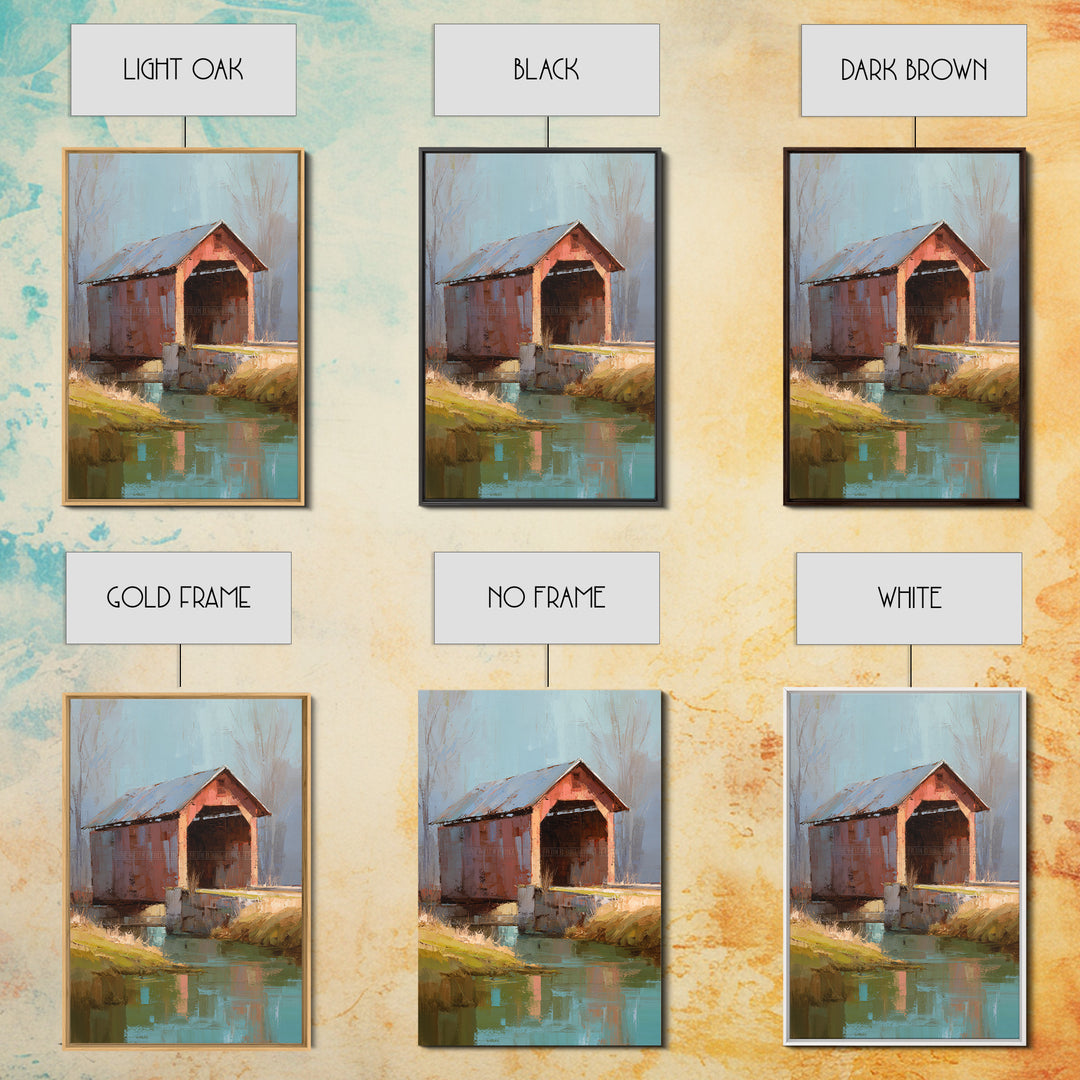 Covered Bridge over a Quiet Creek Framed Canvas Print, Country Art, Wall Art, Farmhouse Decor, Abstract Art, Country, COU-2x3-47