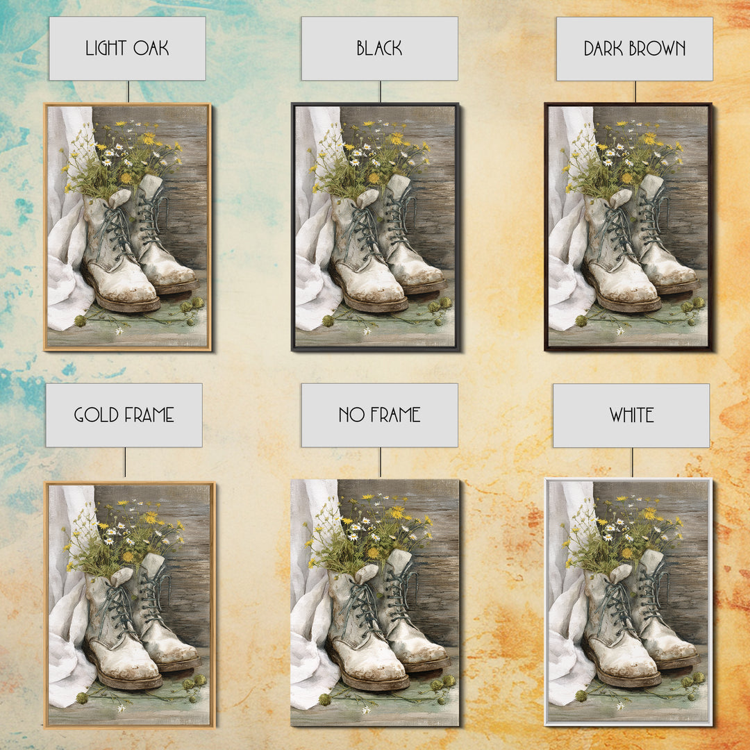 Weathered Boots with Wildflowers Tucked Inside Framed Canvas Print, Country Art, Statement Artwork, Farmhouse Decor, Country, COU-2x3-48