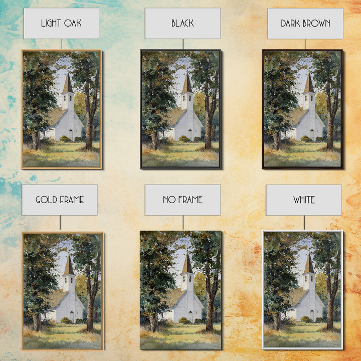 Country Church Steeple Beyond Trees Framed Canvas Print, Country Art, Room Decor, Farmhouse Decor, Oil Painting, Country, COU-2x3-51