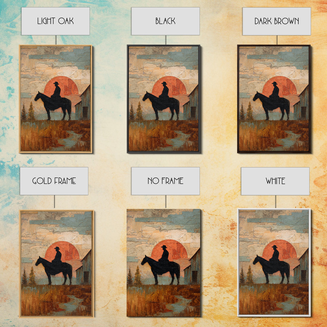 Horse and Rider Silhouette at Dusk Framed Canvas Print, Country Art, Large Wall Art, Farmhouse Decor, Fine Art, Country, COU-2x3-97