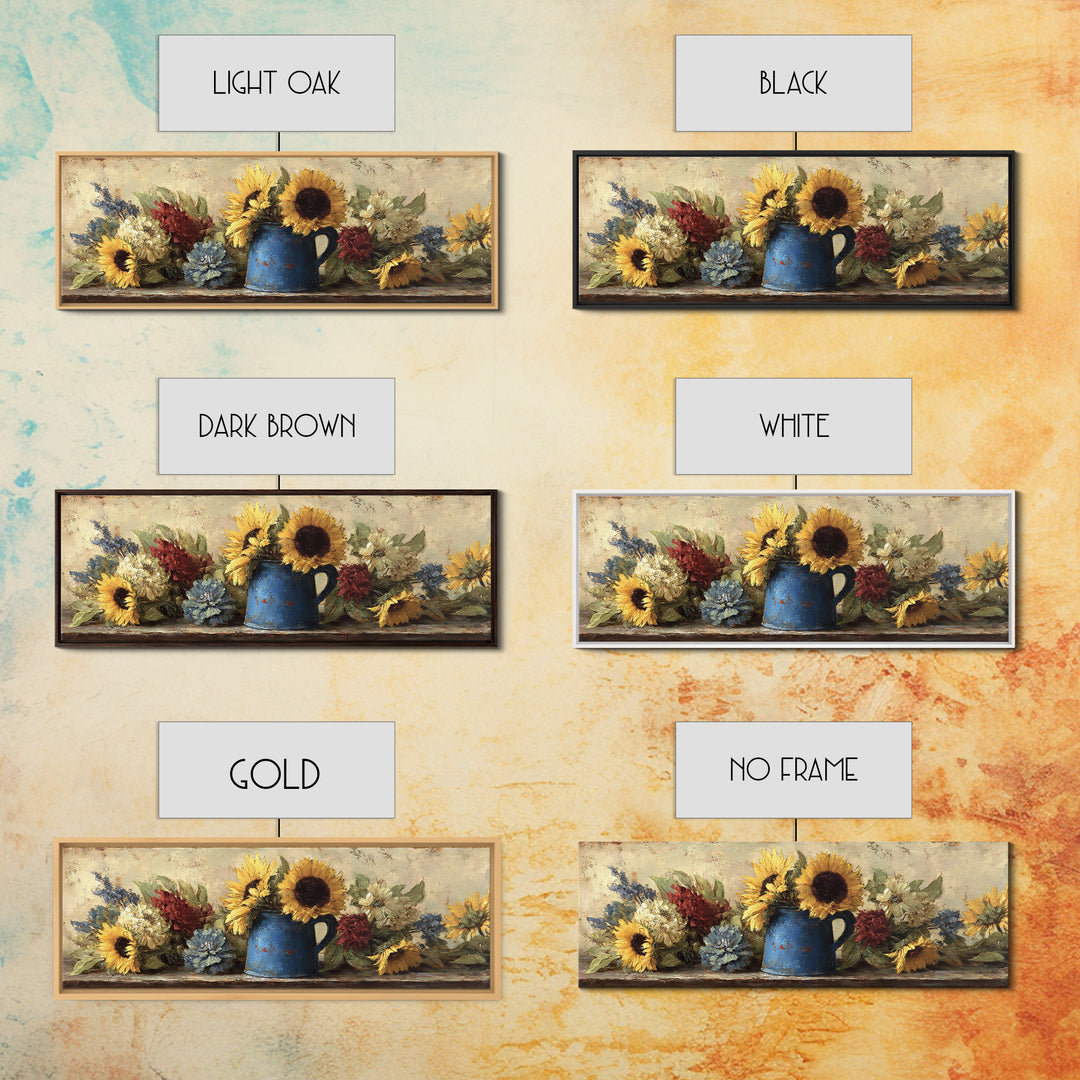 Sunflowers in a Blue Enamel Pitcher Canvas Print, Country Art, Farmhouse Wall Art, Farmhouse Decor, Watercolor Art, Country, COU-3x1-24