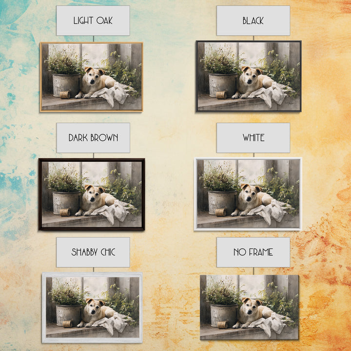 Dog Resting Beside a Porch Flower Pot Canvas Print, Country Art, Digital Wall Art, Farmhouse Decor, Fine Art, Country, COU-3x2-26