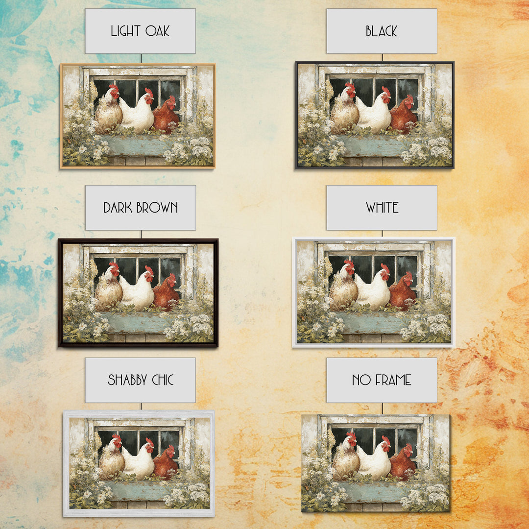 Chickens Pecking Near Garden Flowers Canvas Print, Country Art, Printable Art, Farmhouse Decor, Watercolor Art, Country, COU-3x2-42