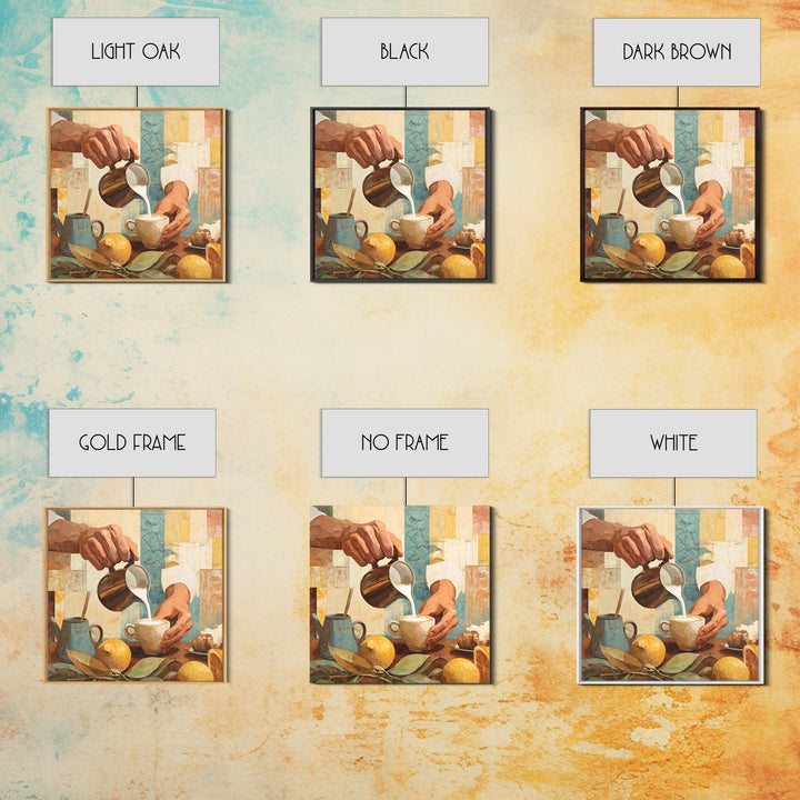 Barista Hands Pouring Milk into Espresso Framed Canvas Print, Coffee Shop Art, Wall Art, Cafe Decor, Oil Painting, Cafe, CSA-1x1-93