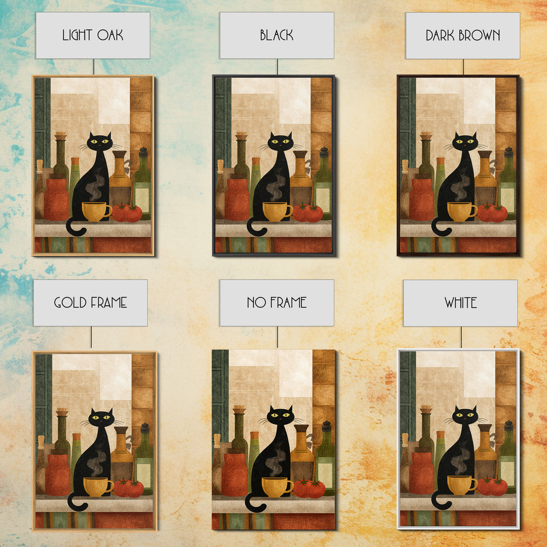Black Cat Beside a Steaming Cup Framed Canvas Print, Coffee Shop Art, Wall Decor, Cafe Decor, Fine Art, Cafe, Kitchen Gift, CSA-2x3-46