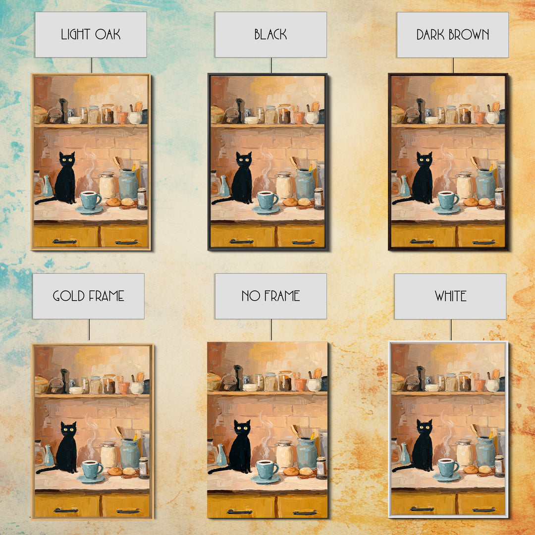 Black Cat Beside a Steaming Cup Framed Canvas Print, Coffee Shop Art, Kitchen Art, Cafe Decor, Cafe, Minimalist Wall Art, CSA-2x3-94