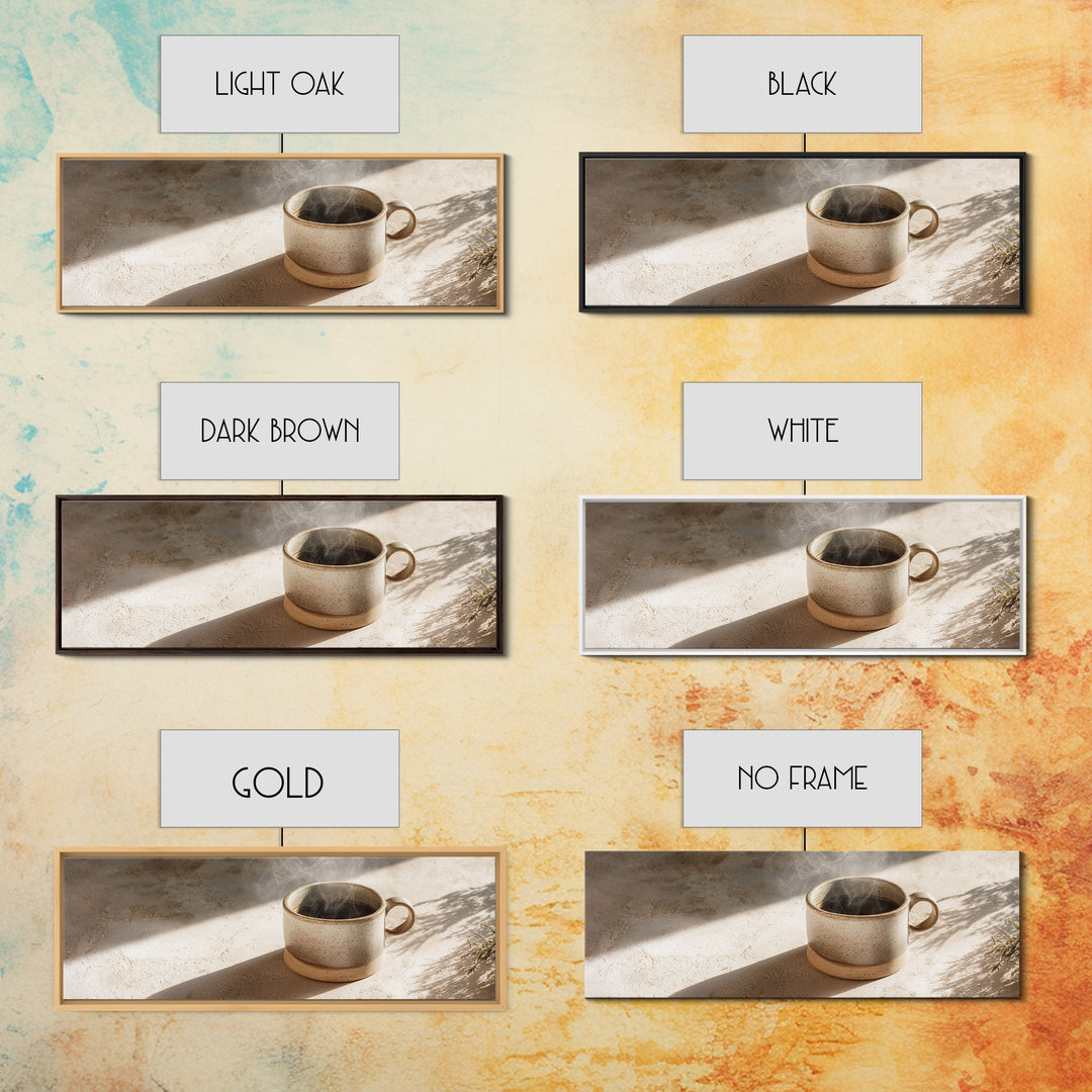 Espresso Cup with Rising Steam and Warm Framed Canvas Print, Coffee Shop Art, Boho Decor, Cafe Decor, Oil Painting, Cafe, CSA-3x1-89