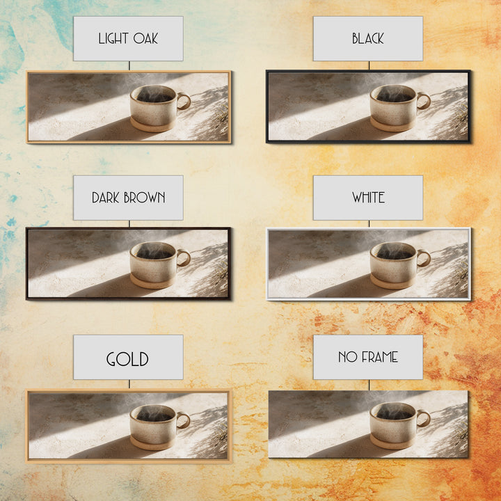 Espresso Cup with Rising Steam and Warm Framed Canvas Print, Coffee Shop Art, Boho Decor, Cafe Decor, Oil Painting, Cafe, CSA-3x1-89