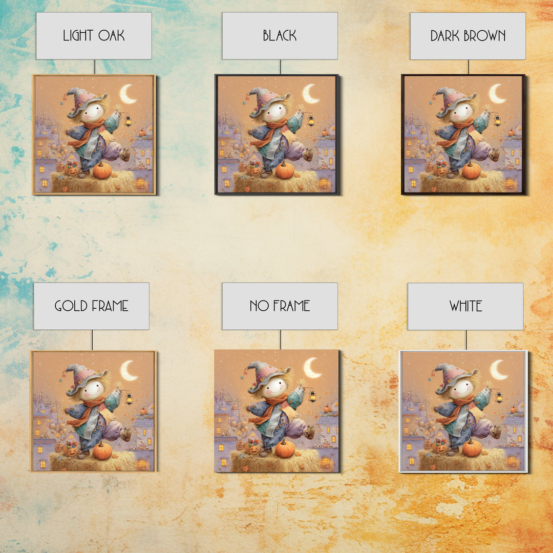 The Button-Nosed Scarecrow, Storybook Halloween Art, Square Wall Art, Canvas Print, Halloween Kids Decor, Whimsical Wall Art