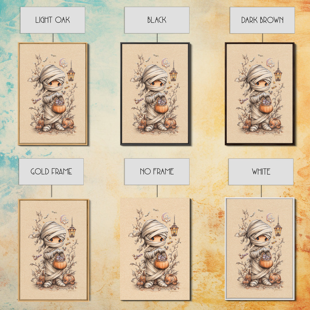 The Shy Little Mummy, Hand Sketch Halloween Art, Vertical Wall Art, Canvas Print, Cute Halloween Wall Art