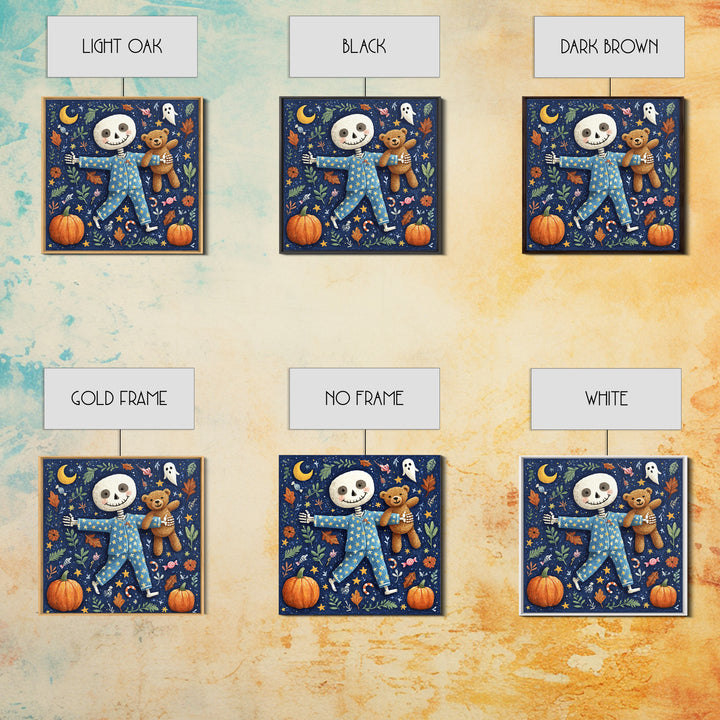 The Pajama Skeleton, Gouache Halloween Art, Square Wall Art, Canvas Print, Cute Halloween Wall Art, Halloween Kids Decor