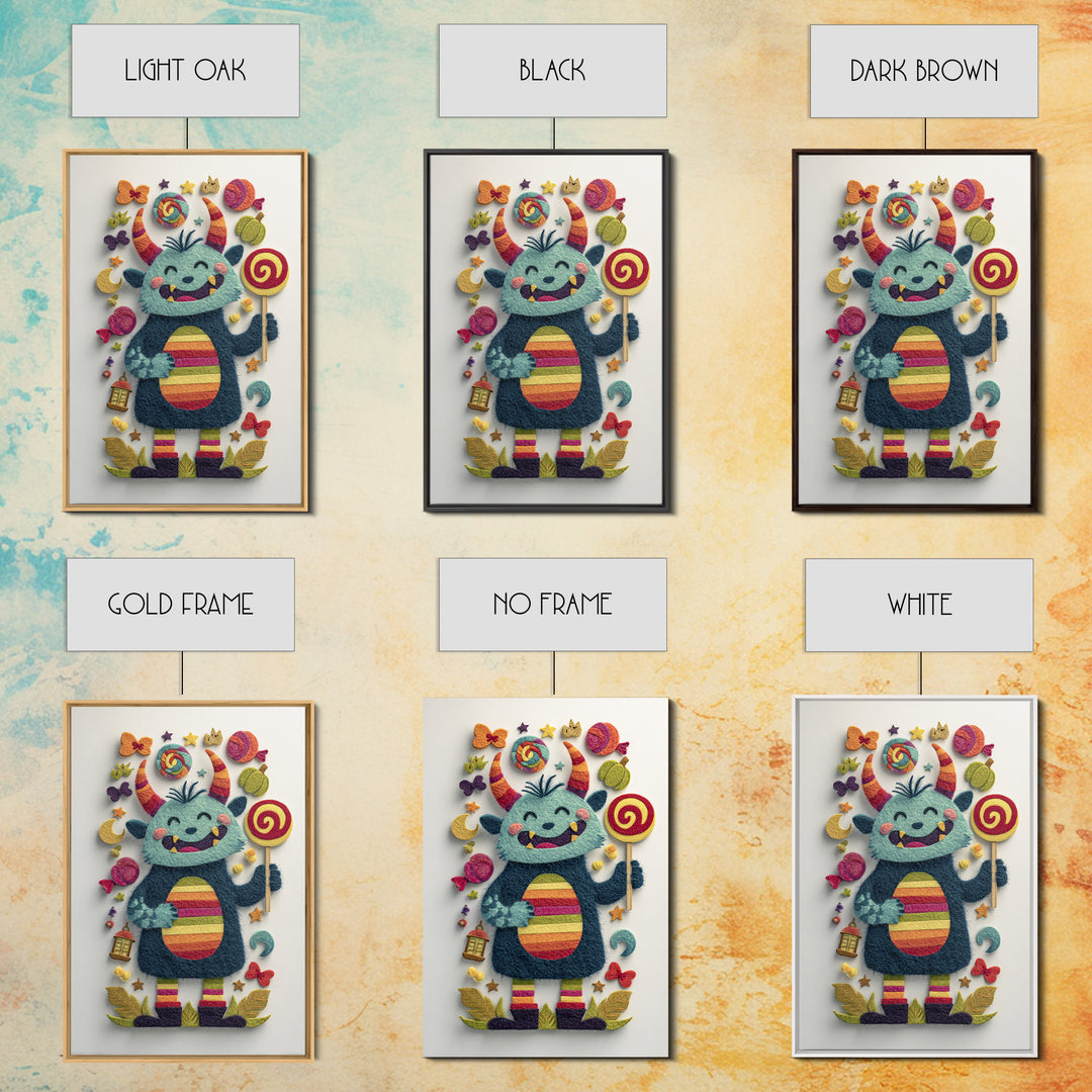 The Rainbow Monster, Felt Halloween Art, Vertical Wall Art, Canvas Print, Cute Halloween Wall Art, Whimsical Nursery Decor