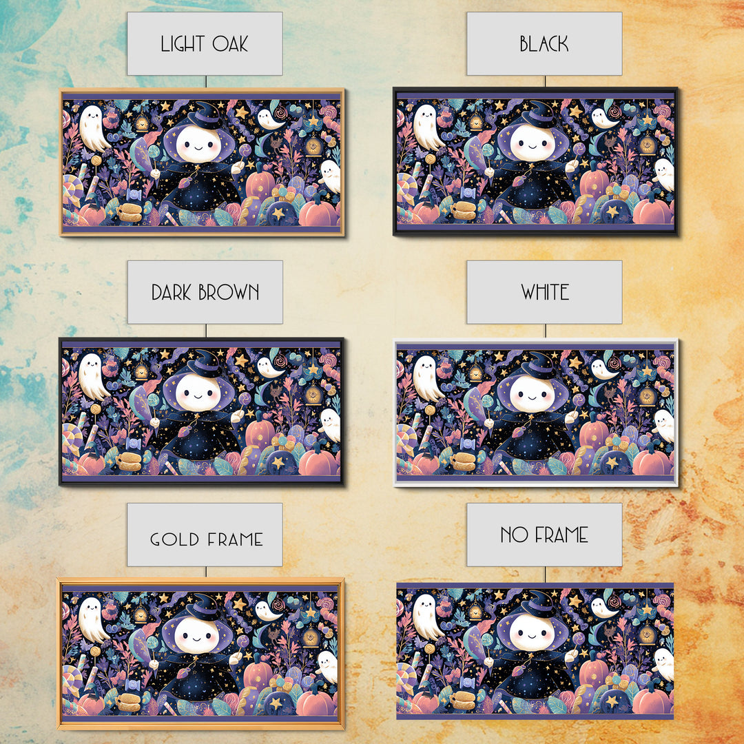 The Star-Cape Magician, Kawaii Halloween Art, Wide Panoramic Art, Framed Canvas Print, Cute Halloween Wall Art